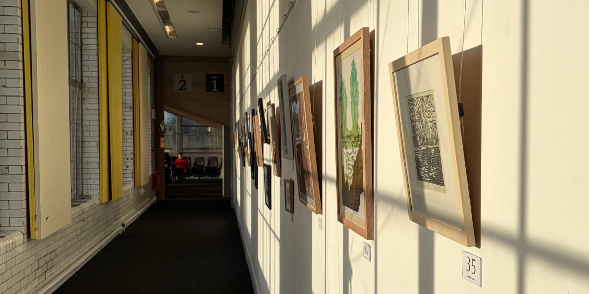 Pictures on a corridor wall in the sunlight